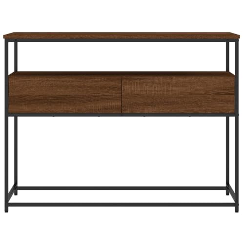 Brown Oak Narrow Console Table with 2 Drawers & Shelf B718