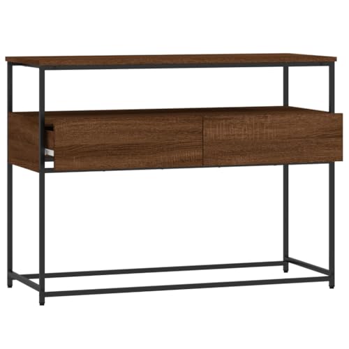 Brown Oak Narrow Console Table with 2 Drawers & Shelf B718