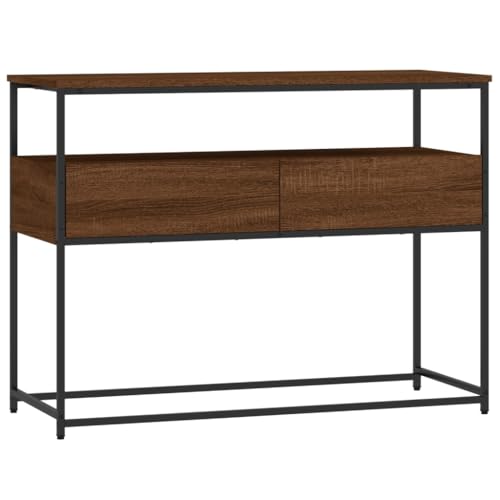 Brown Oak Narrow Console Table with 2 Drawers & Shelf B718