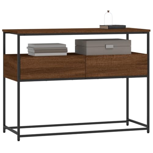 Brown Oak Narrow Console Table with 2 Drawers & Shelf B718