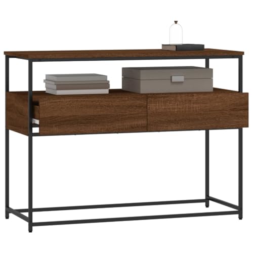 Brown Oak Narrow Console Table with 2 Drawers & Shelf B718