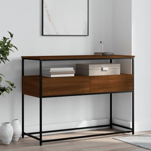Brown Oak Narrow Console Table with 2 Drawers & Shelf B718