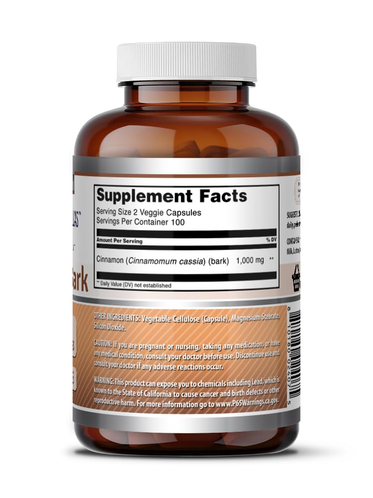 Cinnamon Bark Supplement 1000 Mg 200 Veggie Capsules S6007