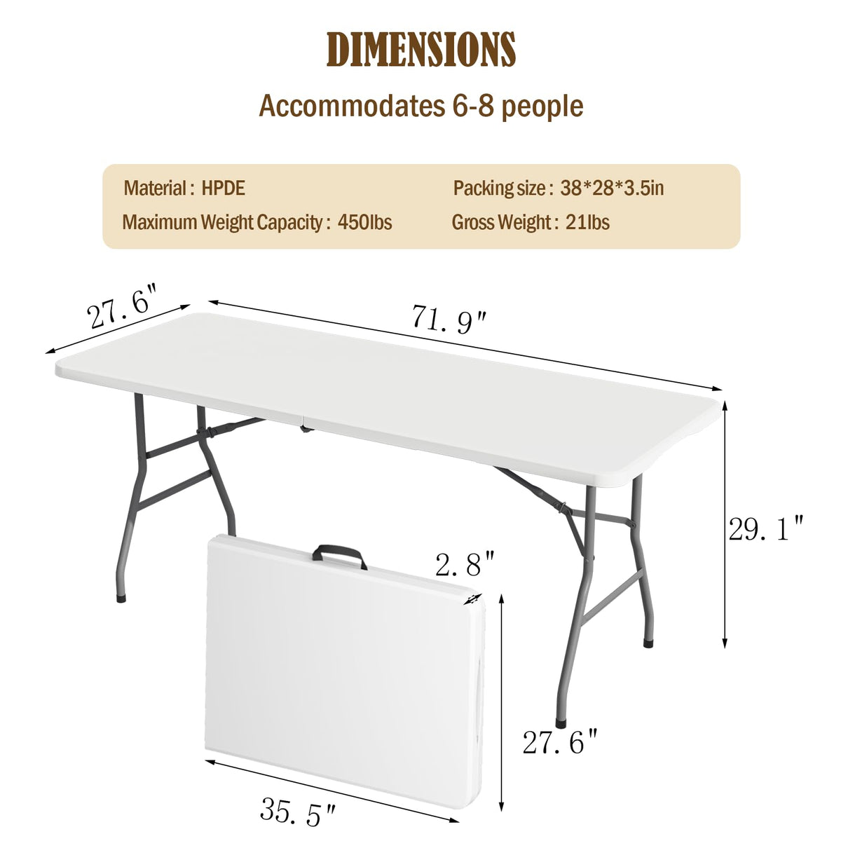 6FT White Folding Picnic Table with Carrying Handle S305387