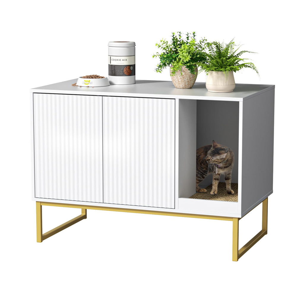 White Cat Litter Box Enclosure with Scratch Pad and Metal Legs O1456