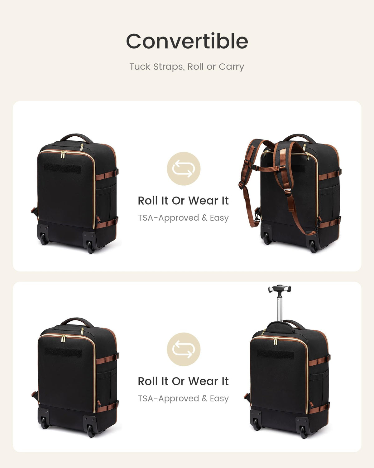 Rolling Backpack with Wheels, 17 Inch 57L Water Resistant P549