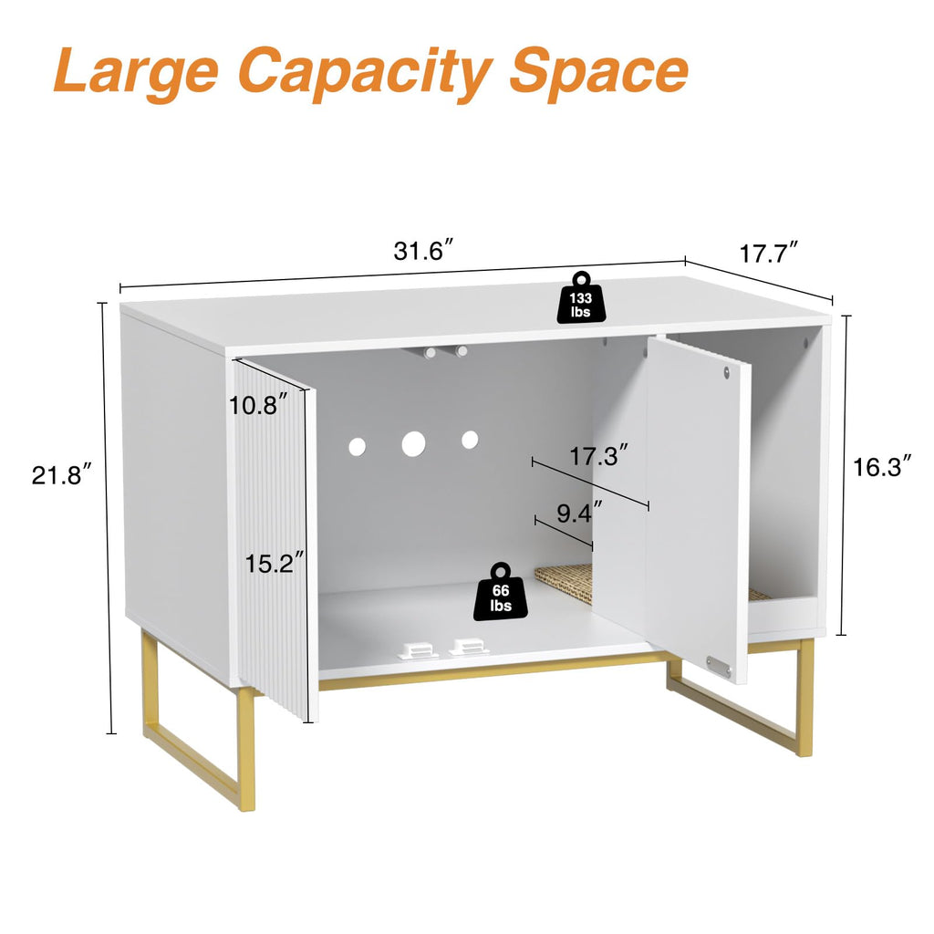 White Cat Litter Box Enclosure with Scratch Pad and Metal Legs O1456