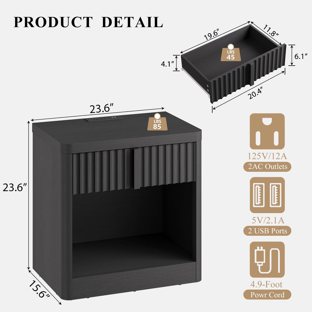 23.6" Fluted Nightstand with Charging Station, Black D39961