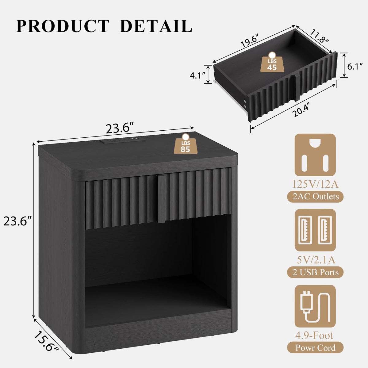 23.6" Fluted Nightstand with Charging Station, Black D39961