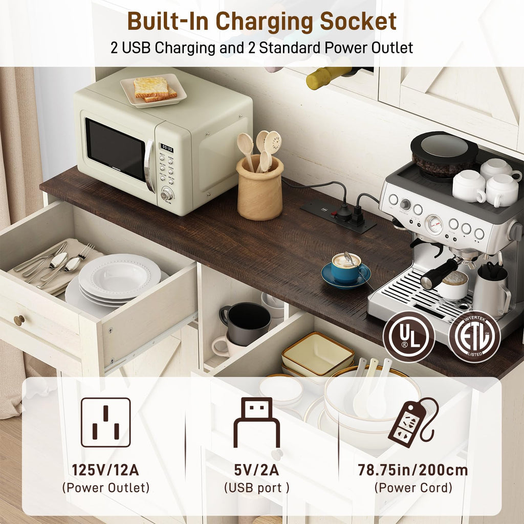 White Kitchen Pantry Storage Cabinet with Power Outlets and Two Drawers J6459