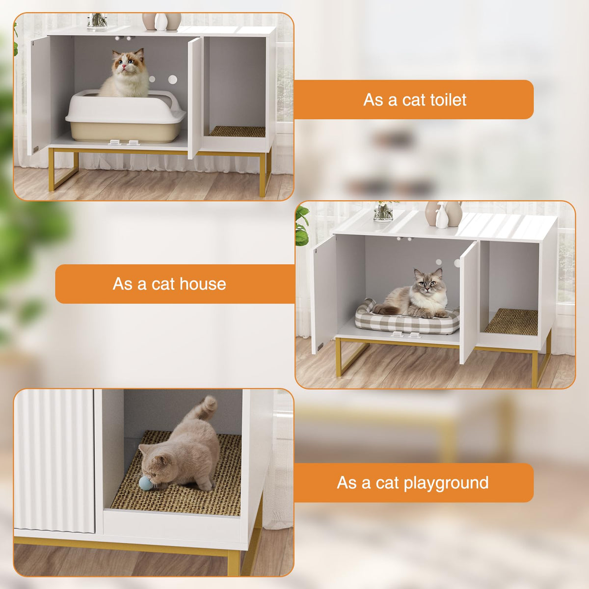 White Cat Litter Box Enclosure with Scratch Pad and Metal Legs O1456