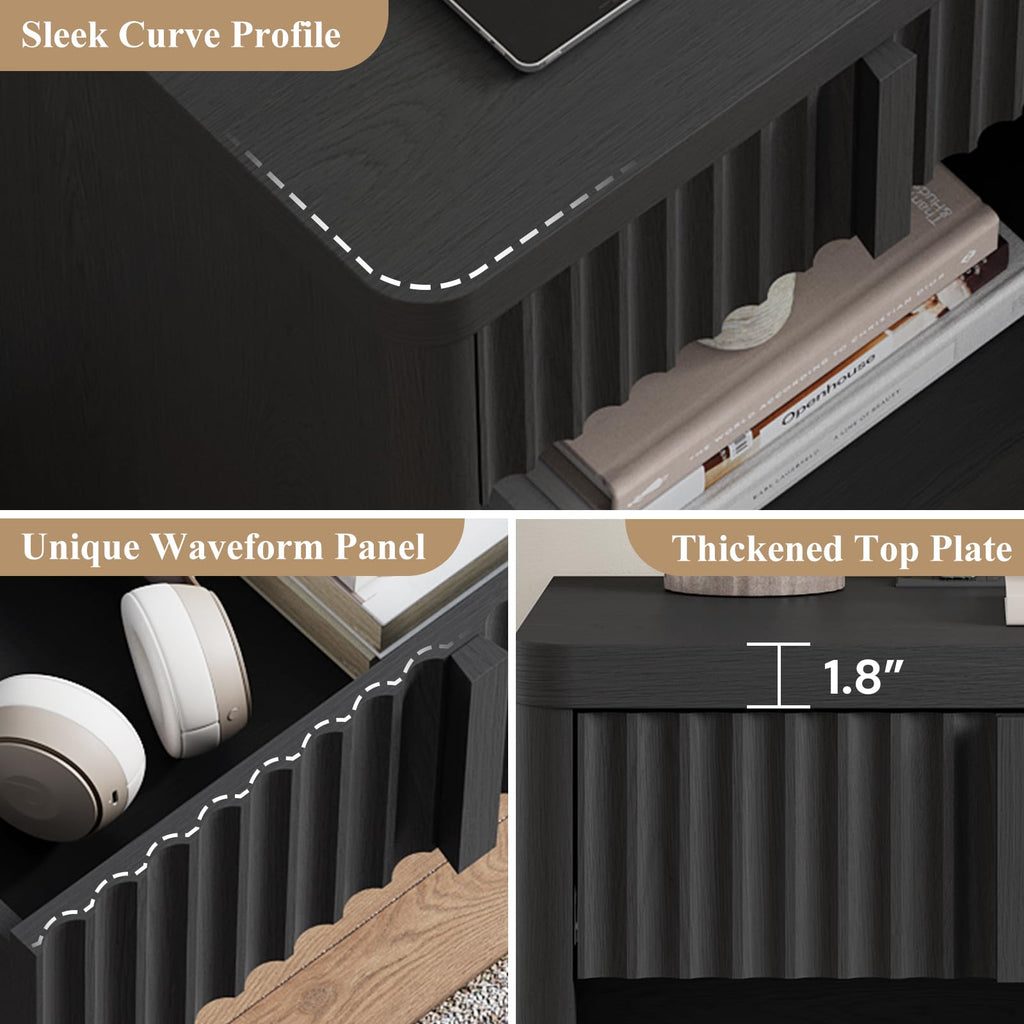 23.6" Fluted Nightstand with Charging Station, Black D39961