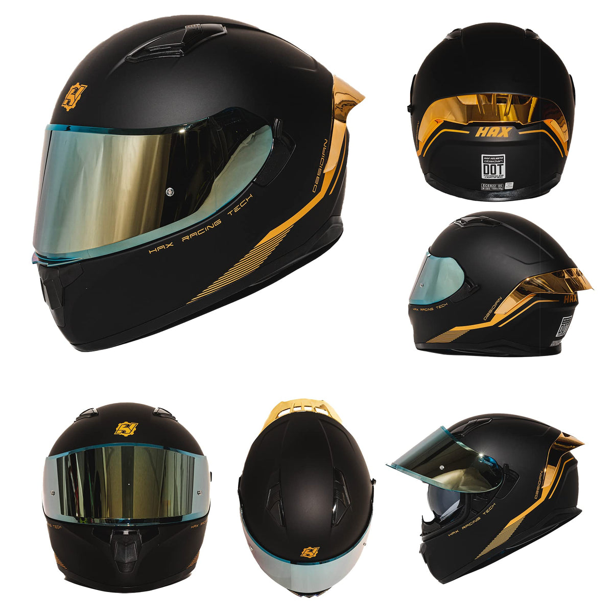 Full Face Dual Visor Adult Motorcycle Helmet Matte Black Gold C978