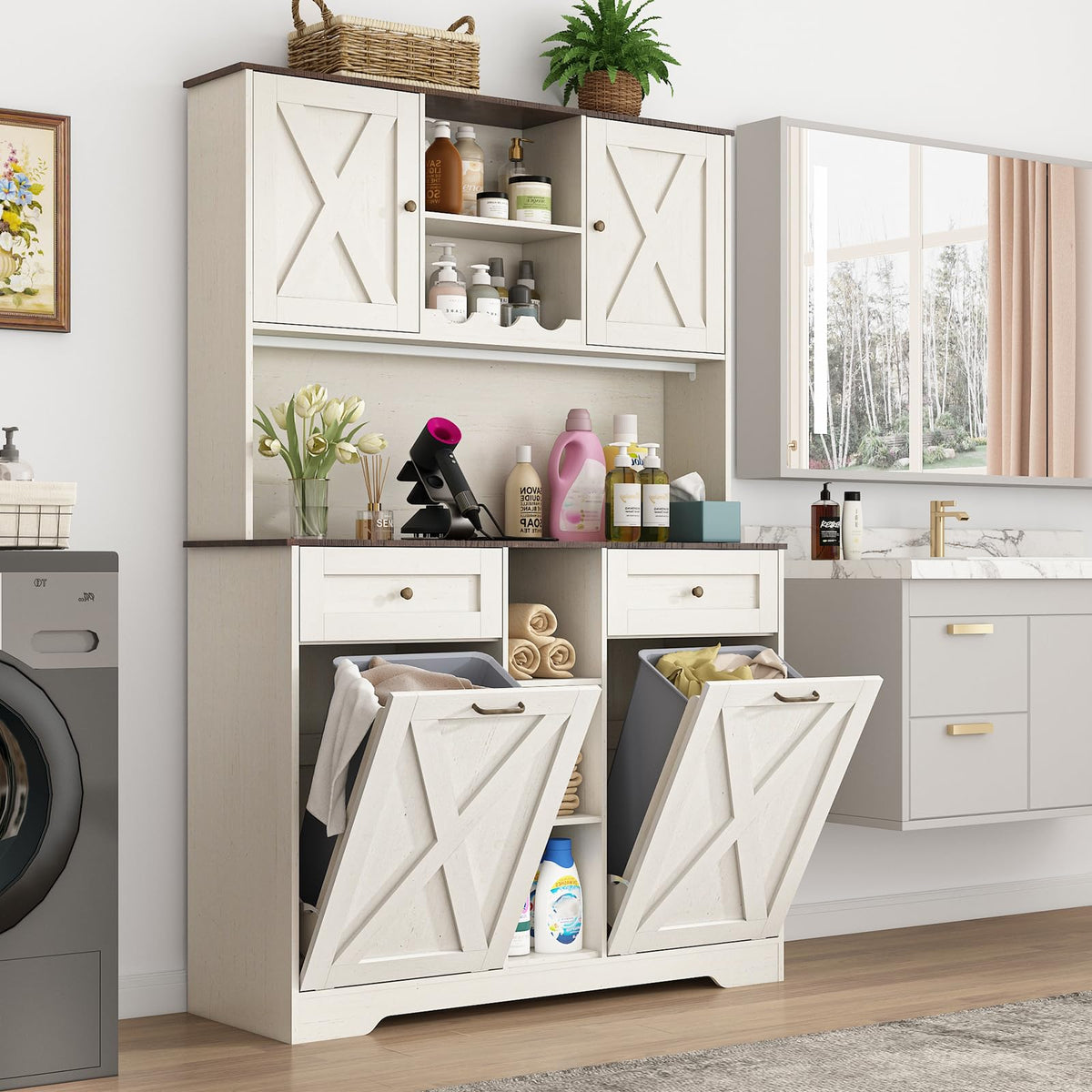 White Kitchen Pantry Storage Cabinet with Power Outlets and Two Drawers J6459