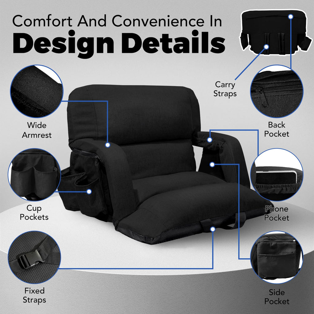 Extra Wide Stadium Seats With Back Support 2 Pack, 6 Reclining Positions, Black, 25" A823