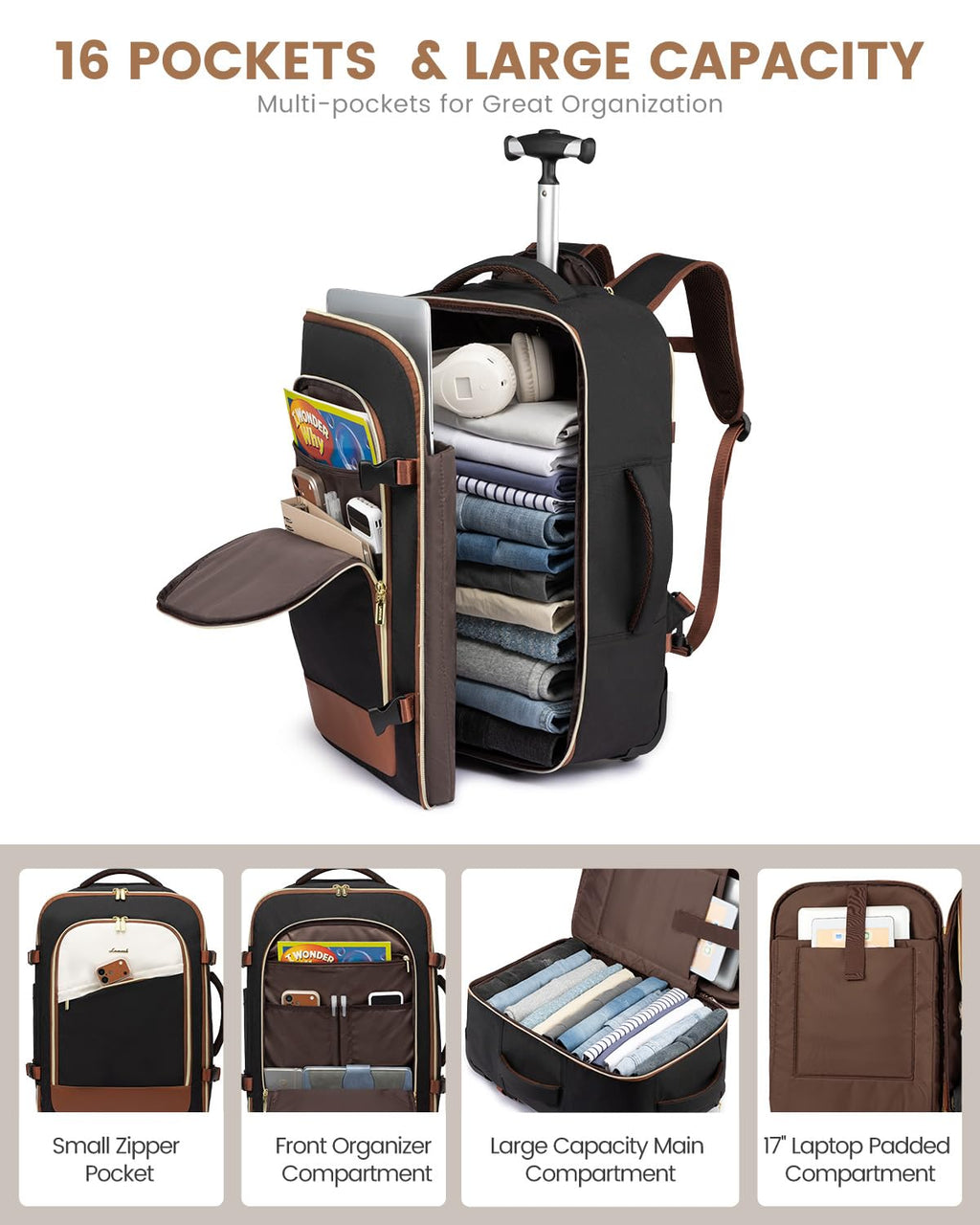 Rolling Backpack with Wheels, 17 Inch 57L Water Resistant P549