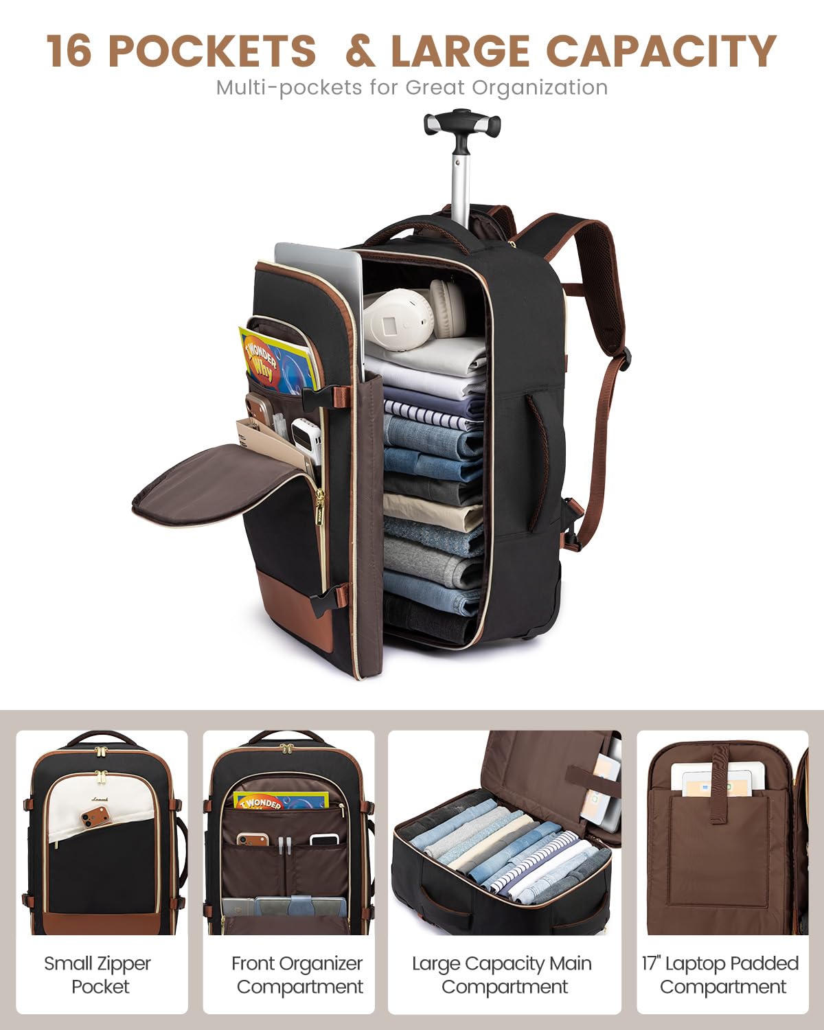 Rolling Backpack with Wheels, 17 Inch 57L Water Resistant P549