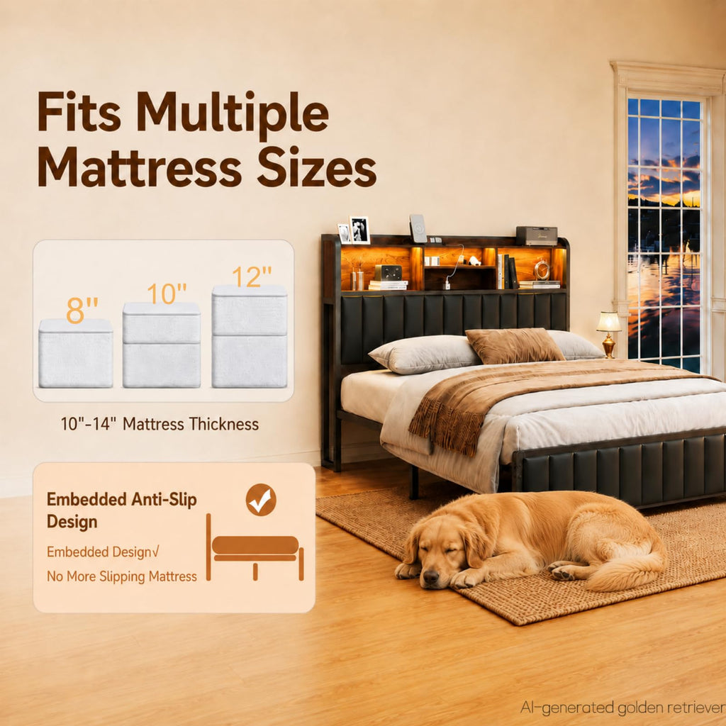 Black Full Size Bed Frame with Storage Headboard X394