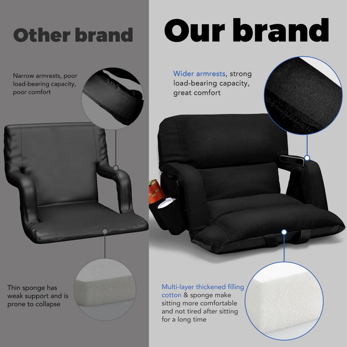 Extra Wide Stadium Seats With Back Support 2 Pack, 6 Reclining Positions, Black, 25" A823