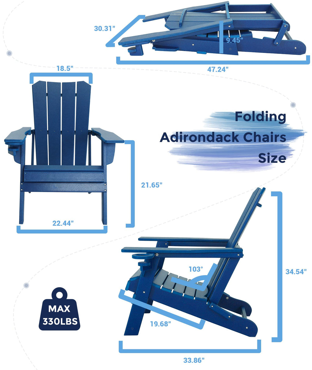 Oversized Folding HDPE Adirondack Chair with Cup Holder, Blue V4398