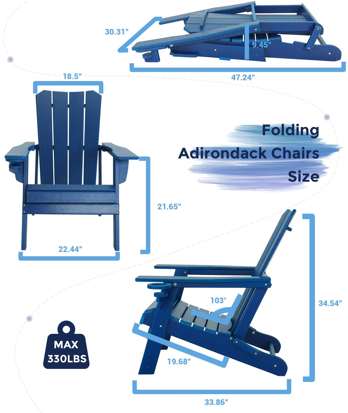 Oversized Folding HDPE Adirondack Chair with Cup Holder, Blue V4398