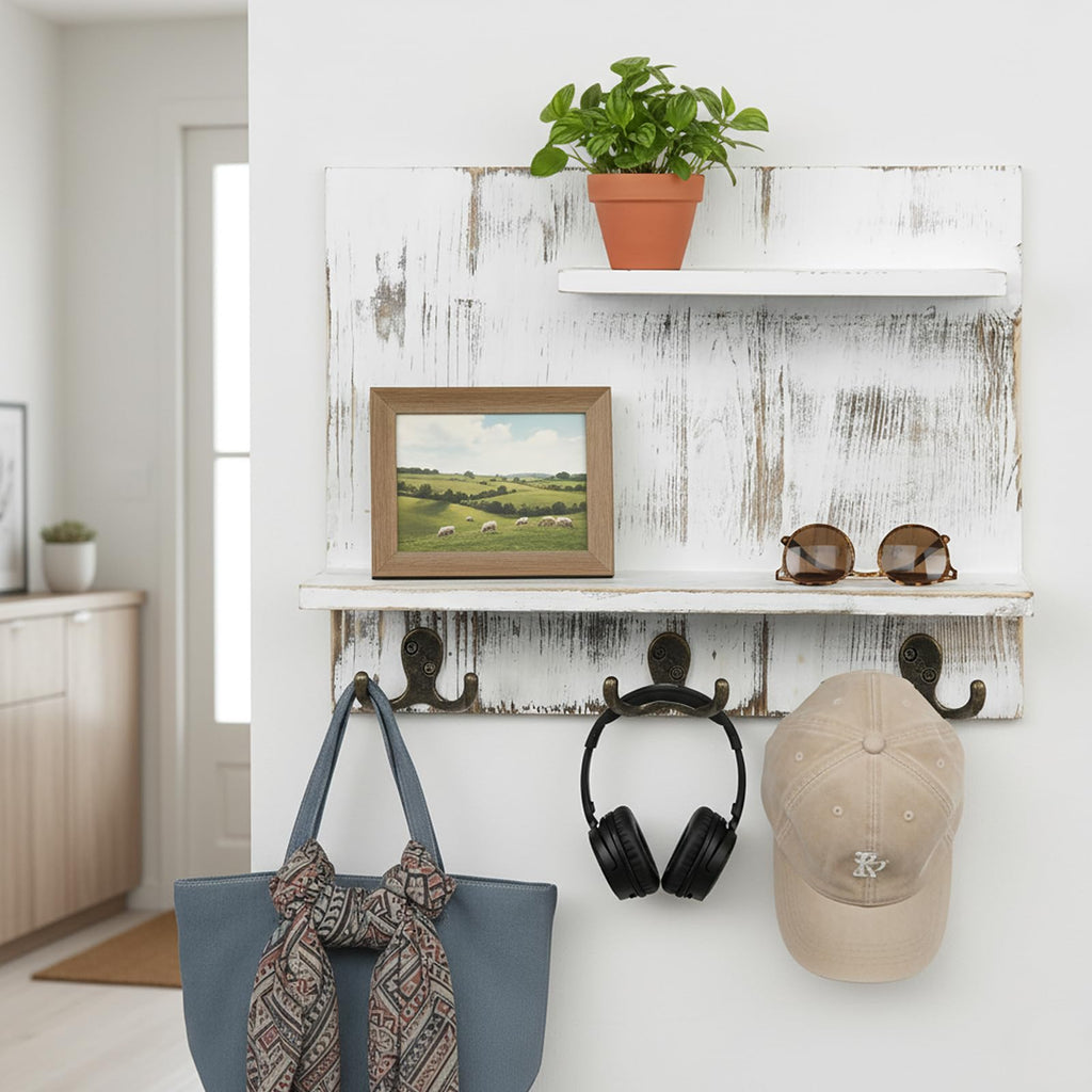 2 Tier White Washed Solid Wood Bathroom Storage Shelves with 6 Hooks E736250