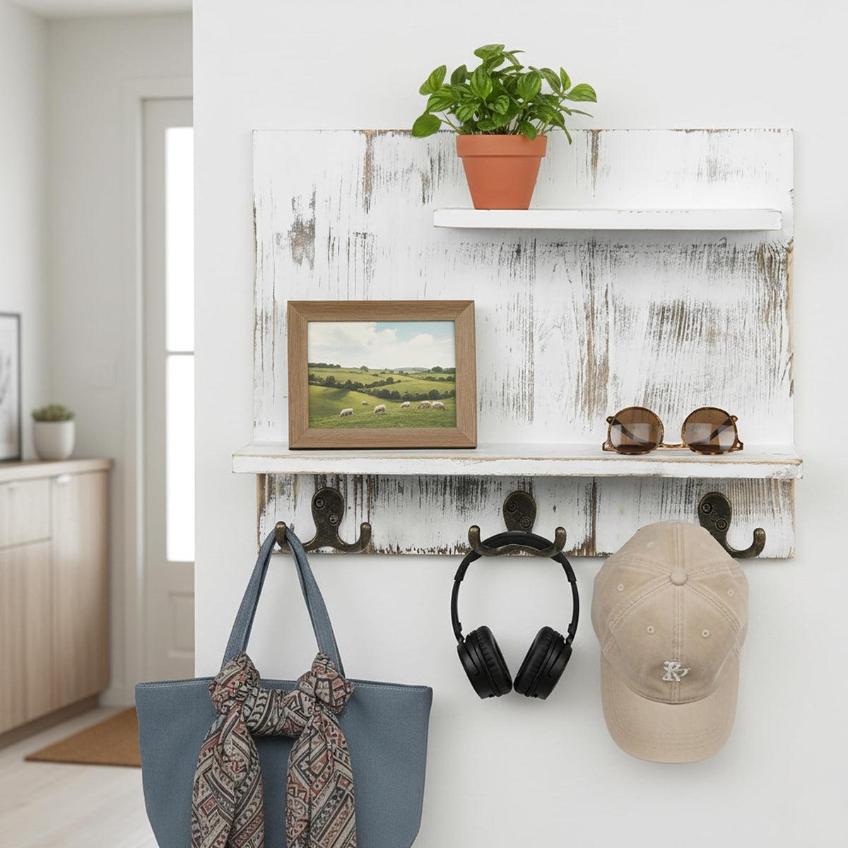 2 Tier White Washed Solid Wood Bathroom Storage Shelves with 6 Hooks E736250