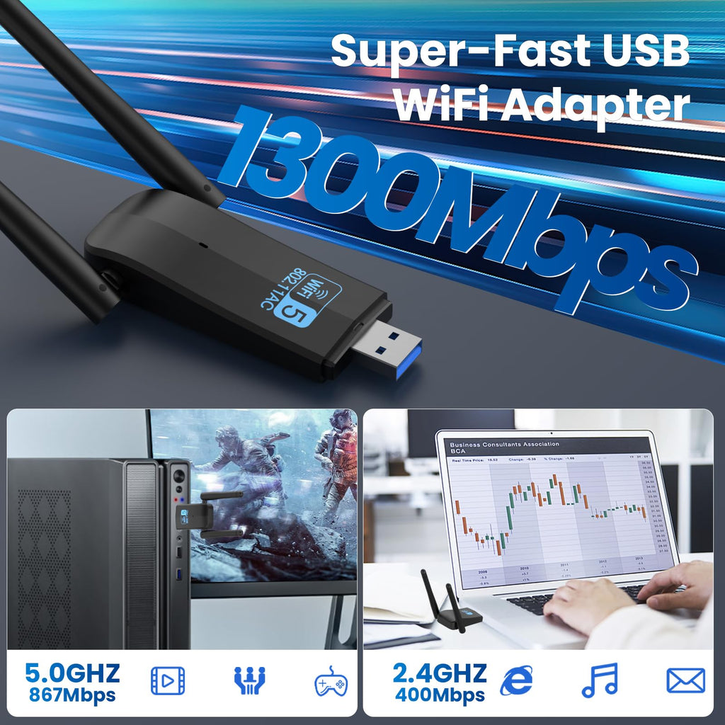 Wireless USB 3.0 WiFi Adapter 5G 2.4G Dual-Band 1300Mbps Dual 5Dbi Antennas D613