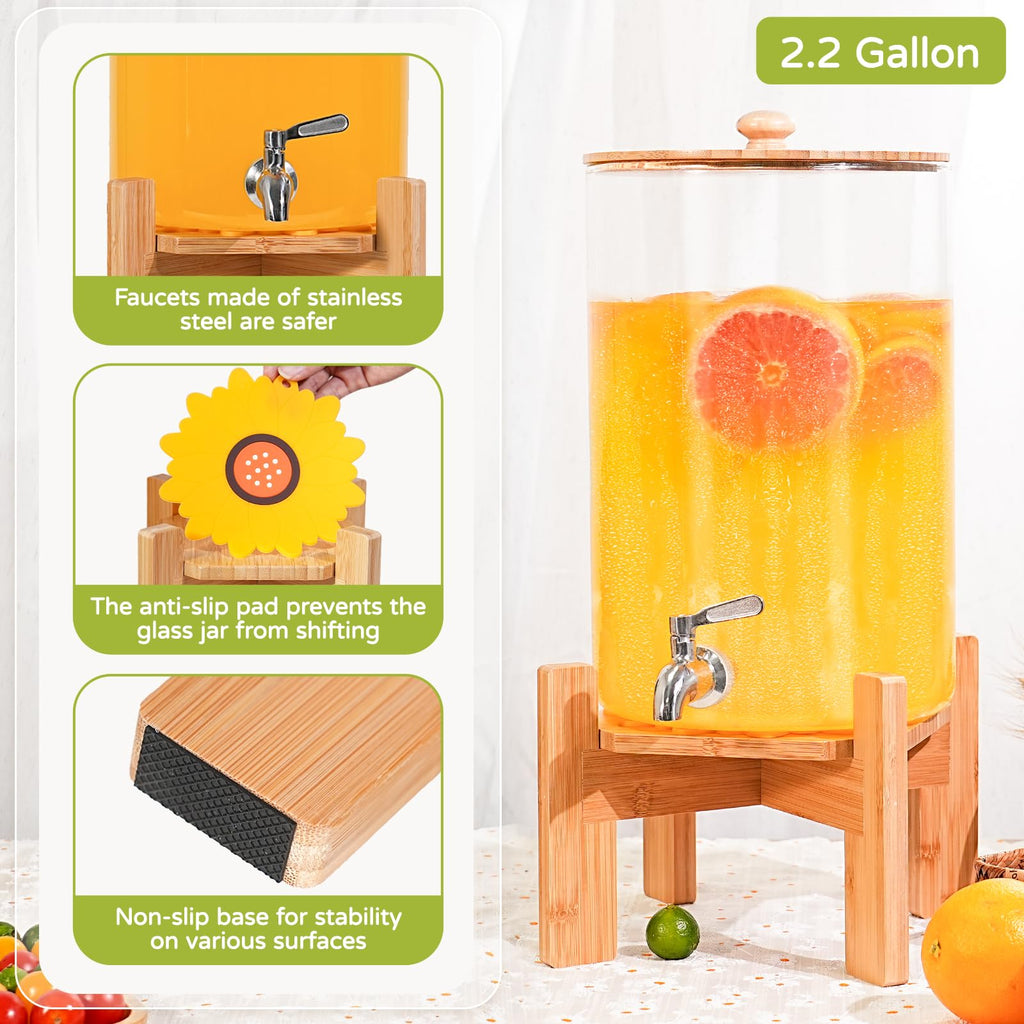 2.2 Gallon Glass Beverage Dispenser with Wood Stand and Stainless Steel Spigot E47059