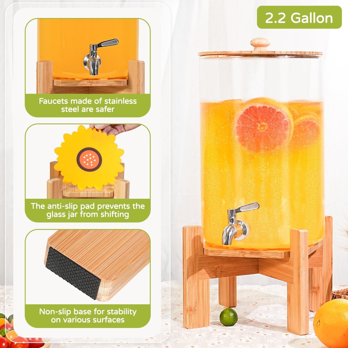 2.2 Gallon Glass Beverage Dispenser with Wood Stand and Stainless Steel Spigot E47059