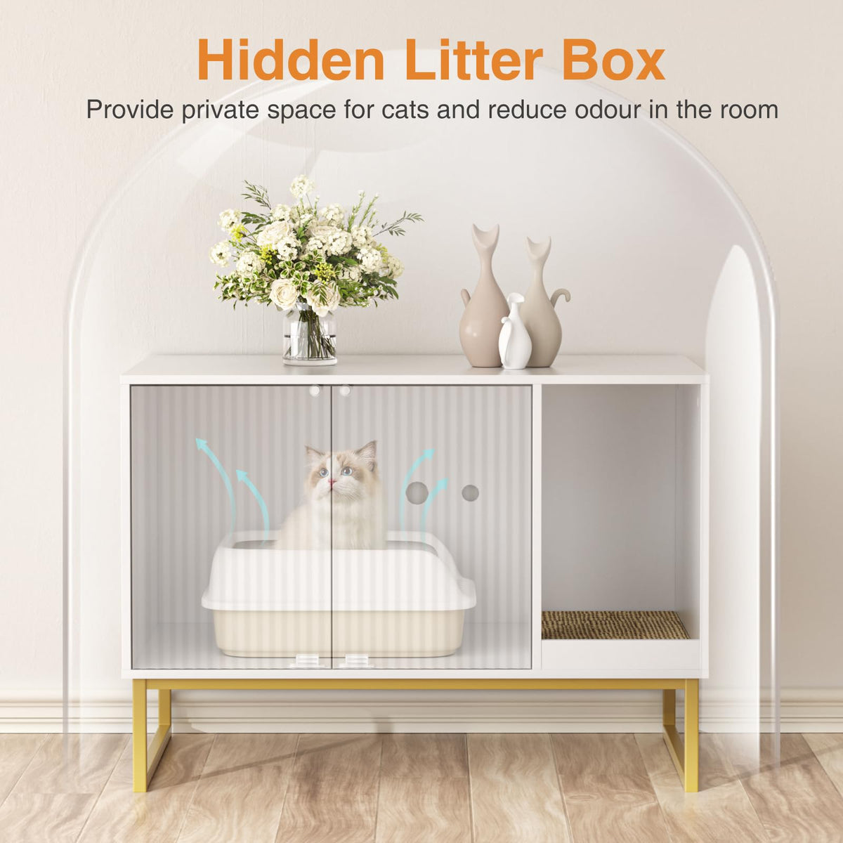 White Cat Litter Box Enclosure with Scratch Pad and Metal Legs O1456