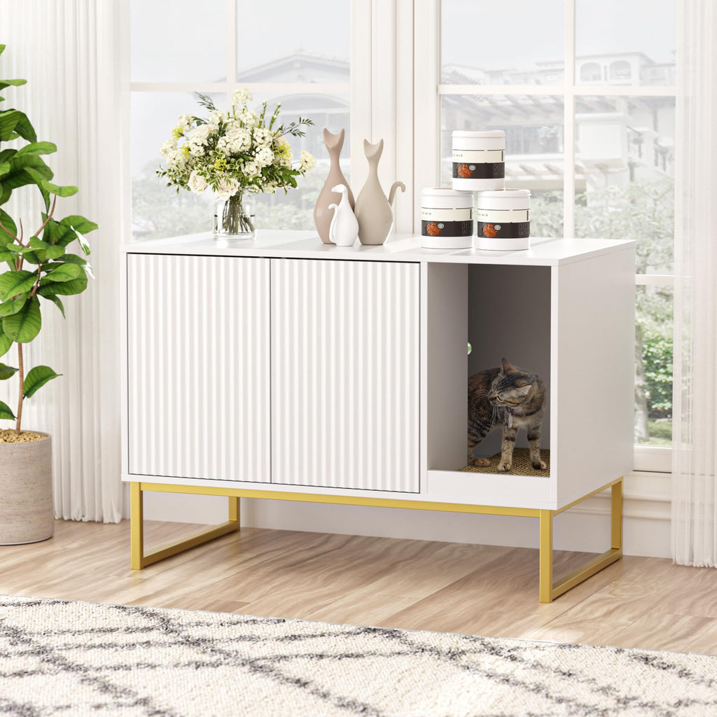 White Cat Litter Box Enclosure with Scratch Pad and Metal Legs O1456