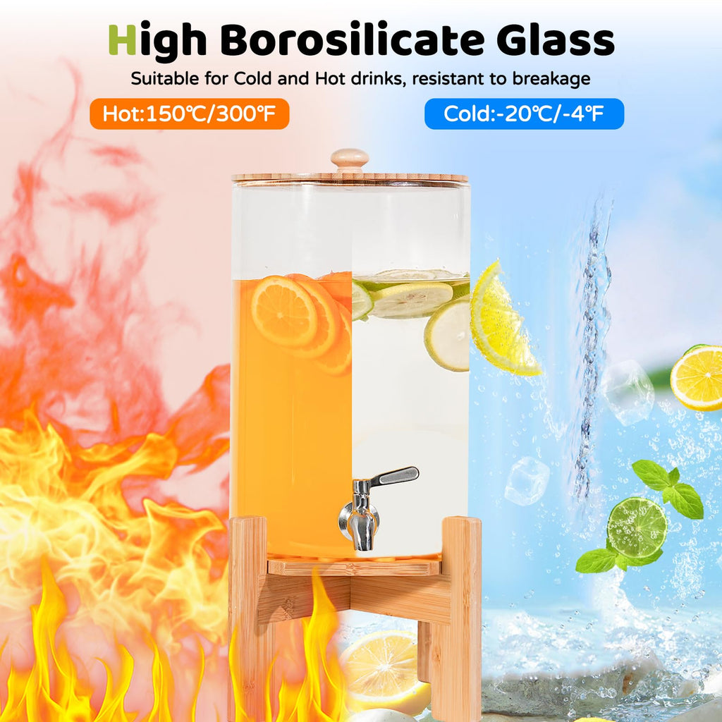 2.2 Gallon Glass Beverage Dispenser with Wood Stand and Stainless Steel Spigot E47059