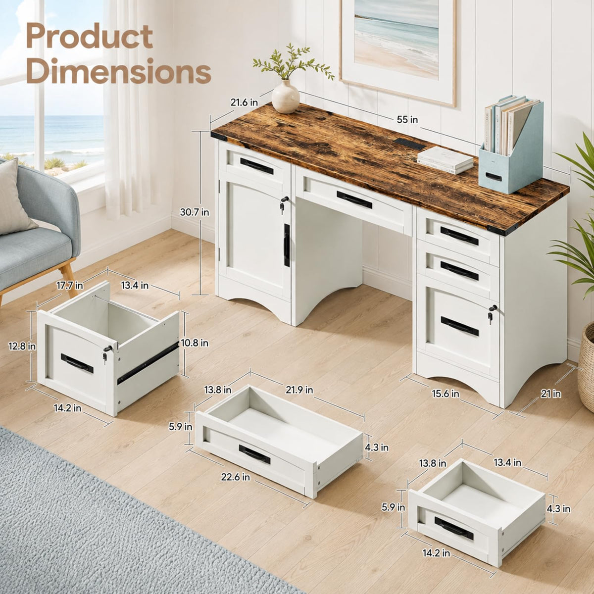 47 Inch Computer Desk with Hutch and 4 Drawers B348