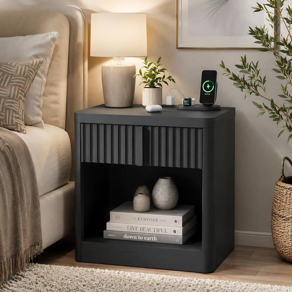 23.6" Fluted Nightstand with Charging Station, Black D39961