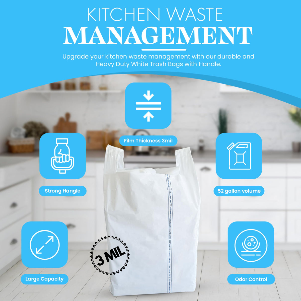 52 Gallon 40 Count 3 MIL Heavy Duty Trash Bags with Handles L664