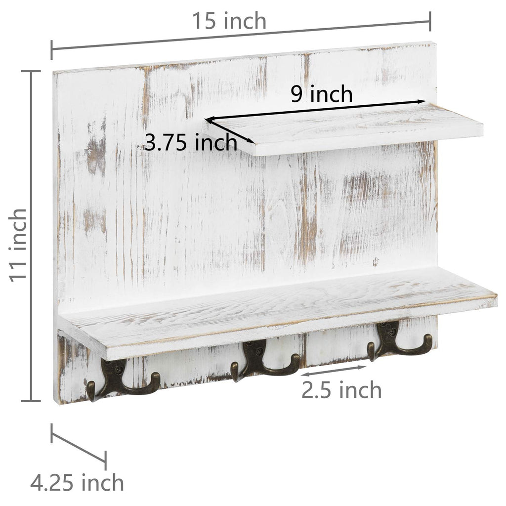 2 Tier White Washed Solid Wood Bathroom Storage Shelves with 6 Hooks E736250