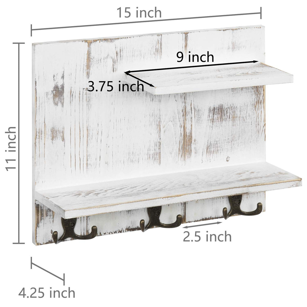 2 Tier White Washed Solid Wood Bathroom Storage Shelves with 6 Hooks E736250