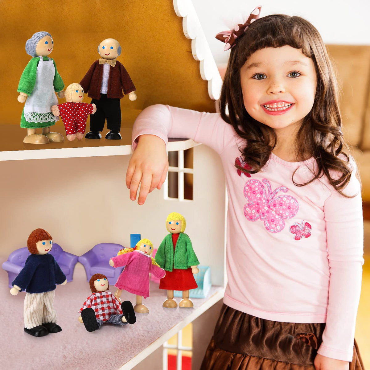 Wooden Dollhouse People Set of 7 Mini Dolls O5248