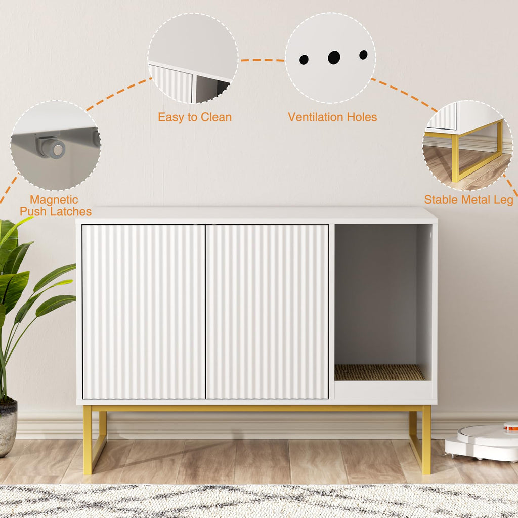 White Cat Litter Box Enclosure with Scratch Pad and Metal Legs O1456