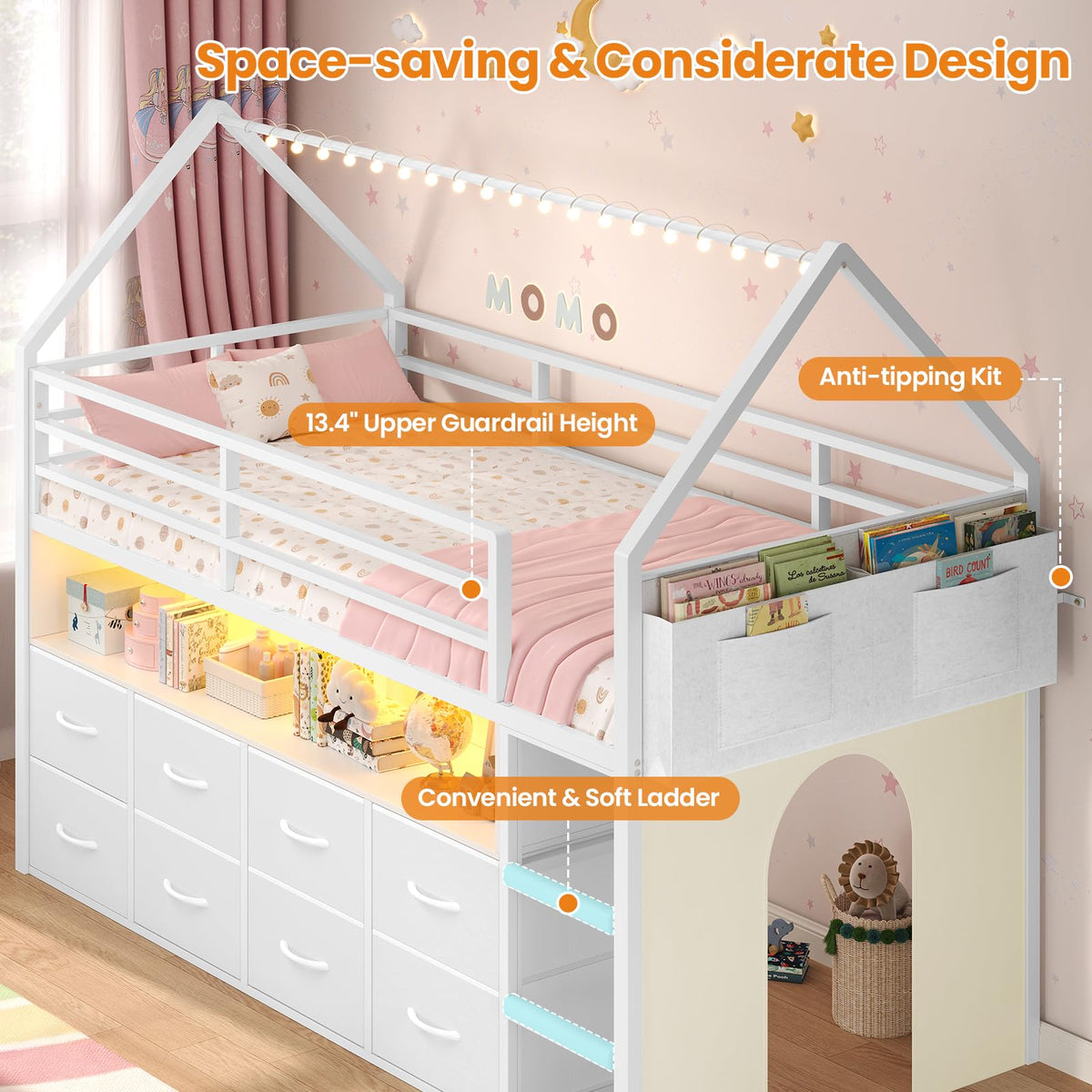 Twin Size Low Loft Bed with 8 Storage Drawers L914282