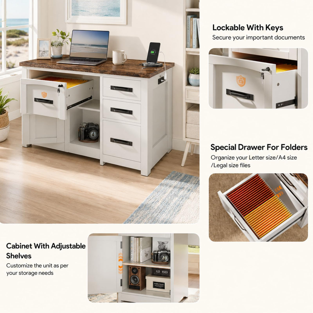 47 Inch Computer Desk with Hutch and 4 Drawers B348