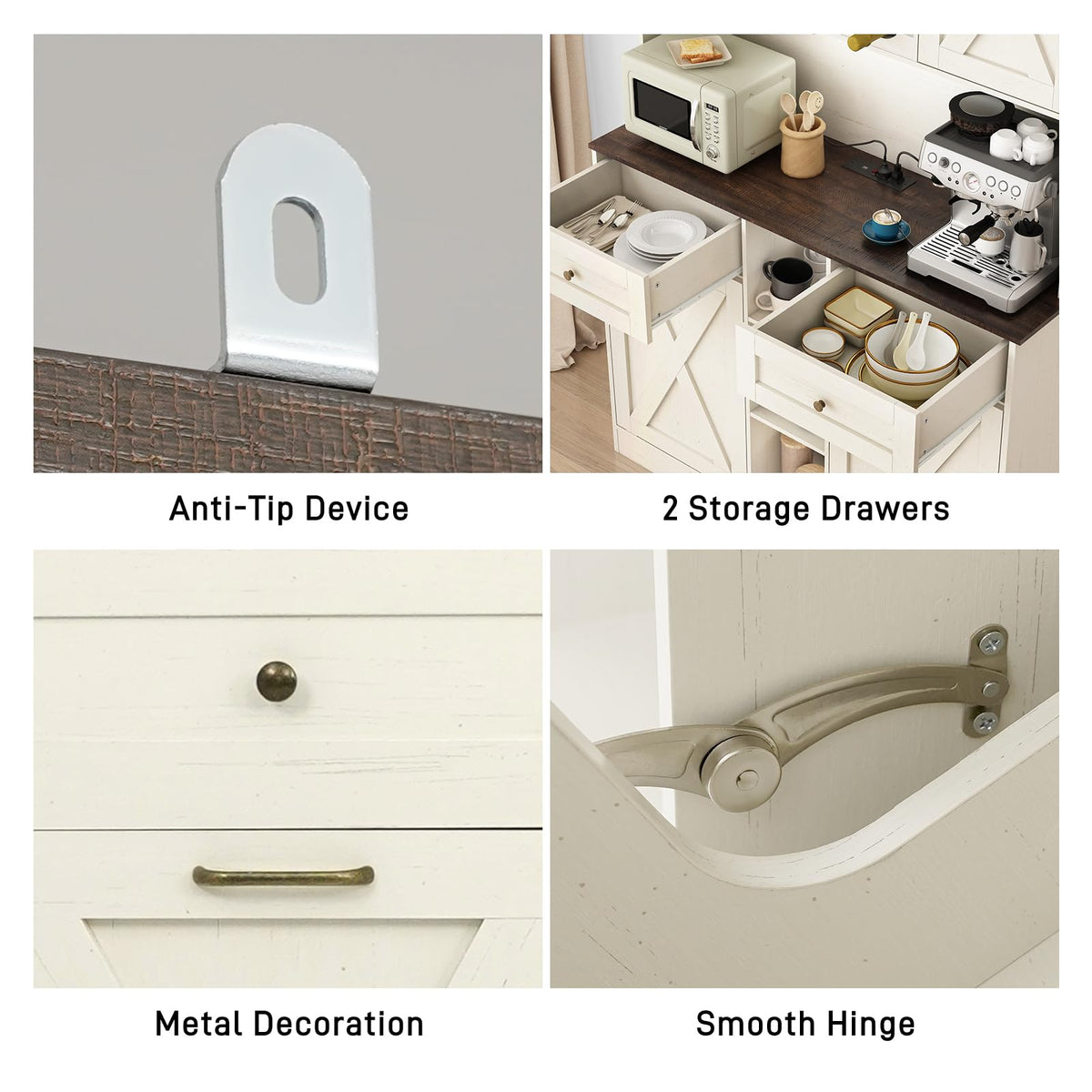 White Kitchen Pantry Storage Cabinet with Power Outlets and Two Drawers J6459