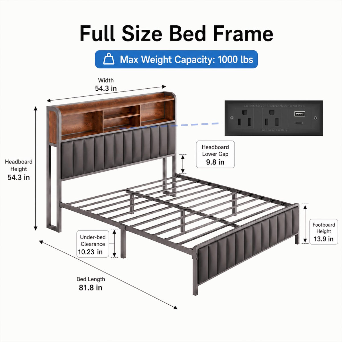 Black Full Size Bed Frame with Storage Headboard X394