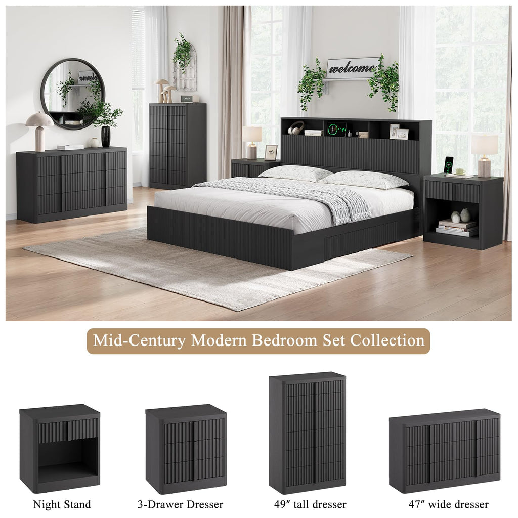 23.6" Fluted Nightstand with Charging Station, Black D39961