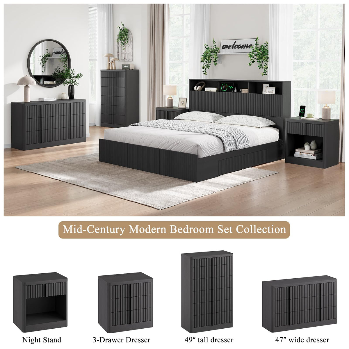 23.6" Fluted Nightstand with Charging Station, Black D39961
