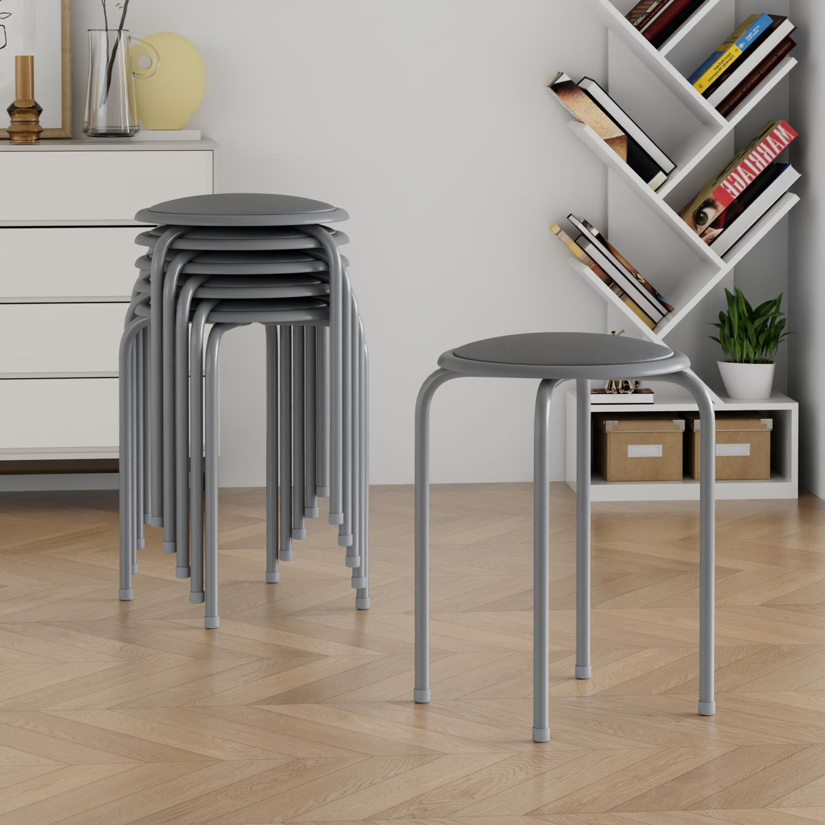 Grey 17 Inch Padded Steel Stacking Stools L230