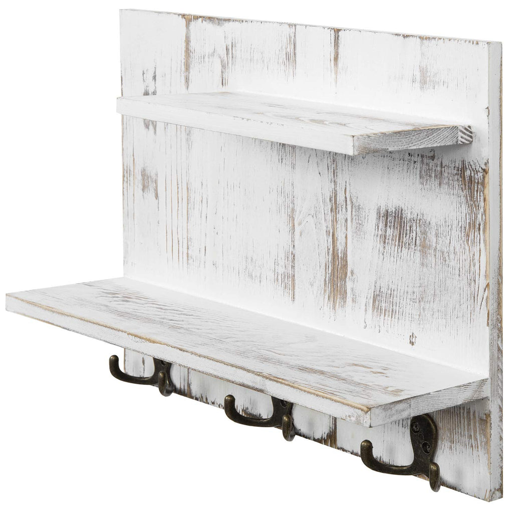 2 Tier White Washed Solid Wood Bathroom Storage Shelves with 6 Hooks E736250