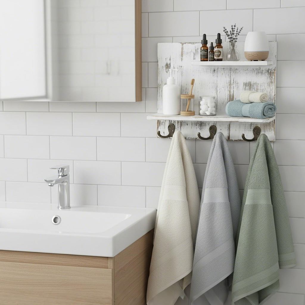 2 Tier White Washed Solid Wood Bathroom Storage Shelves with 6 Hooks E736250