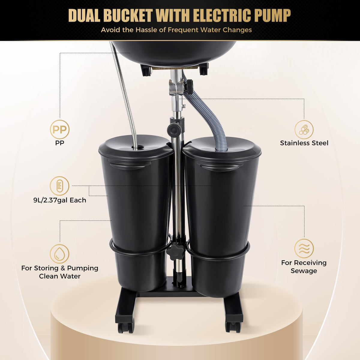Portable Shampoo Basin with 2 Buckets, Height Adjustable J991